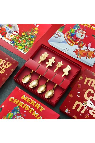 Home Christmas Themed Tea & Coffee - Set of 4 Boxed Stainless Steel Gold Spoons with 4 Different Figures