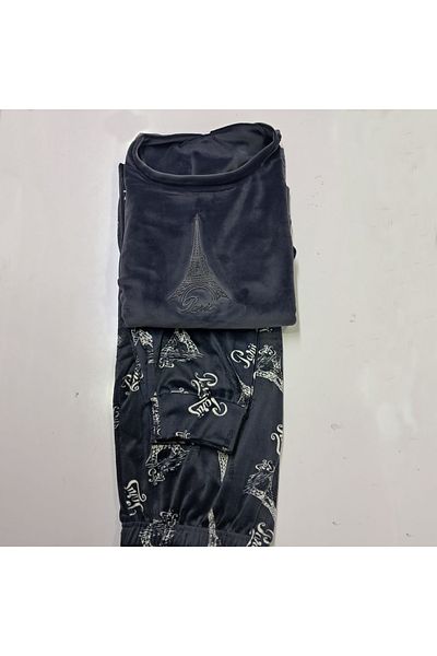 BAHHAR Women's French Velvet Pjamas Suit with Anthracite Sleeves and Legs Cuffs