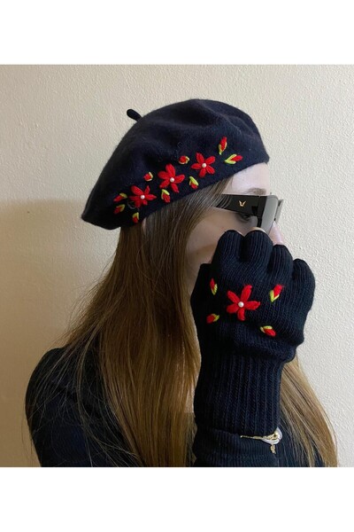 sema aksesuar Valentine's Day Gift Handmade Red Floral Embroidery Black Painter Beret, Short Gloves Set of 2