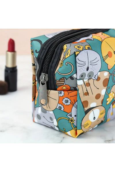 GlassySKY Stylish Cat-Themed Octagonal Makeup Bag Single Compartment Pen Holder Storage Handbag - Waterproof Faux Leather