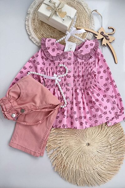 Minigimin Cicileri Pink My Toddler's Shirt and Pants Set - Floral Print Lapel Detail