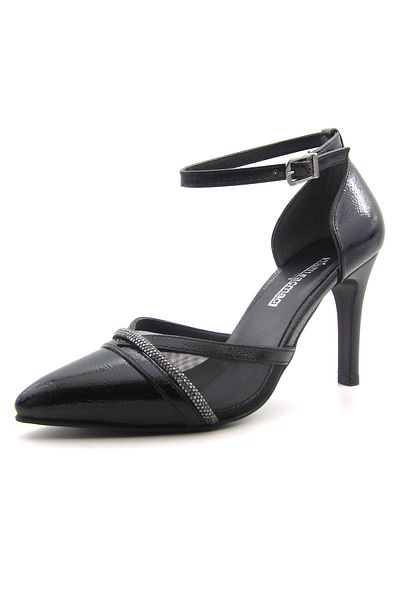 Erkan Saçmacı Kaylee Black Patent Leather Mesh Stone Stiletto