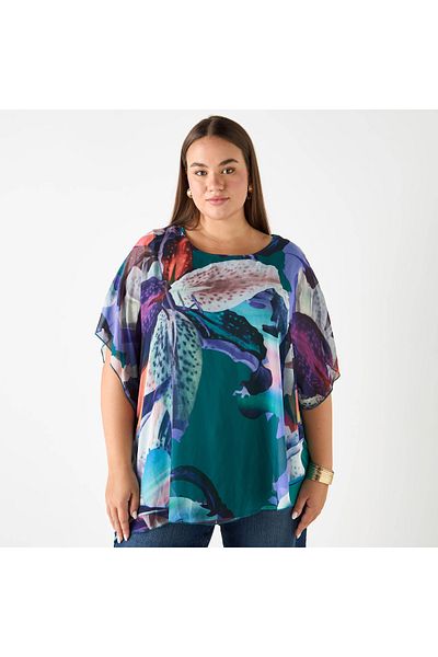 Ulla Popken Plus Size Floral Print Layered Top With Round Neck And Short Sleeves
