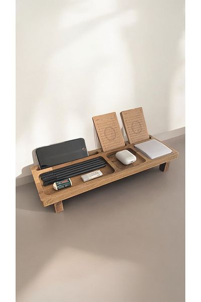 Woodsuppco Wooden Desktop Organizer - Phone Holder, Pen Holder Organizer, Walnut