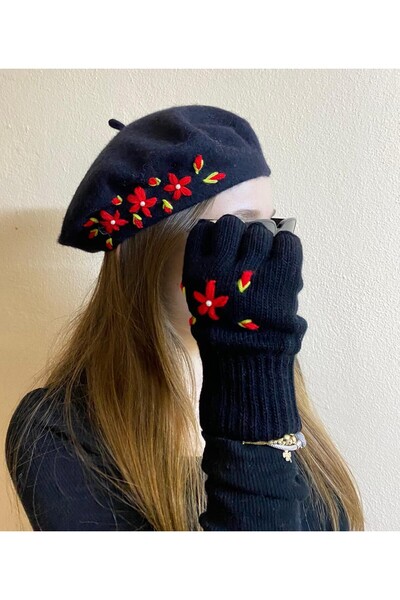 sema aksesuar Valentine's Day Gift Handmade Red Floral Embroidery Black Painter Beret, Short Gloves Set of 2