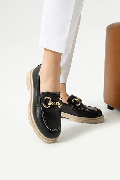 ModaAmour Дамски обувки-мокасини с дебела подметка, бежови, в черно и катарама GCC