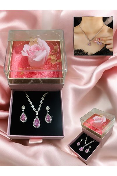 İthal 3 lü Set Gül Detaylı Pembe Kutu Hediye, Pembe Zirkon Kolye Ve Küpe Set,...