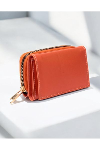 STİLE UNİCO Orange Mini Stylish Multi-Eyed Zipper Classic Wallet