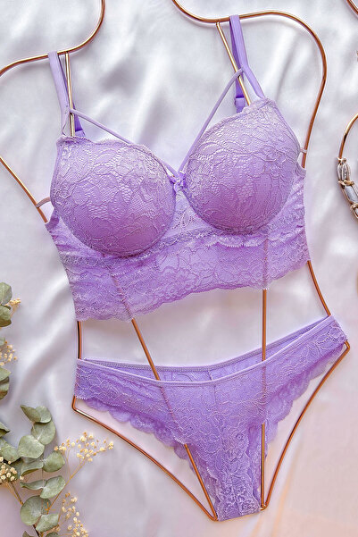 AR&ES tekstil 13036-5 Destekli Dantelli Bralet Takım Lila Renk Çeyiz - Yılbaş...