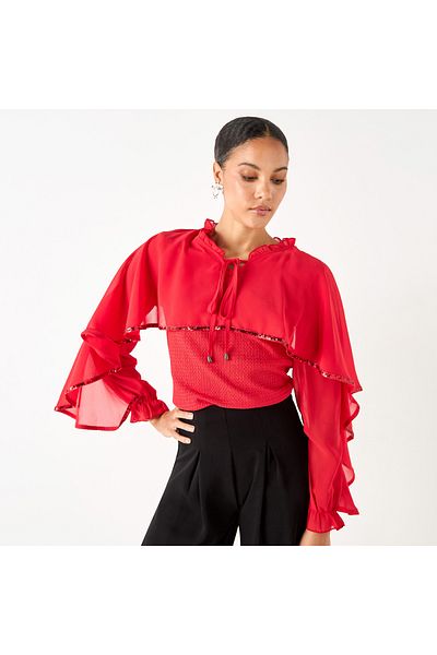 2Xtremz Textured Cape Top With Tie-up Detail And Long Sleeves