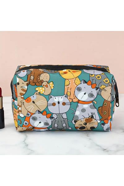 GlassySKY Stylish Cat-Themed Octagonal Makeup Bag Single Compartment Pen Holder Storage Handbag - Waterproof Faux Leather