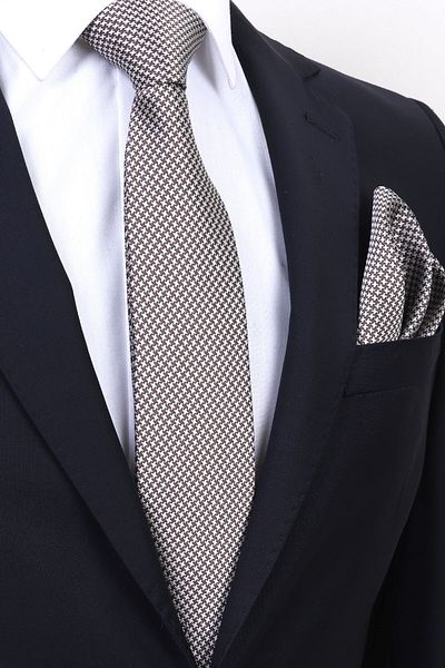 Esgue Hand Made 7.5 cm Patterned Beige & Brown Tie & Handkerchief