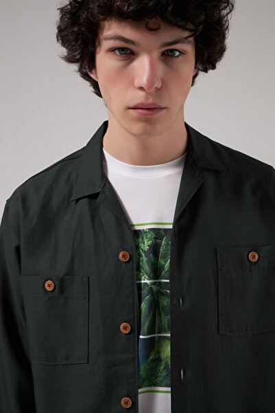 Tween Relaxed Fit Haki Tencel-Keten Karışımlı Kumaş Ceket