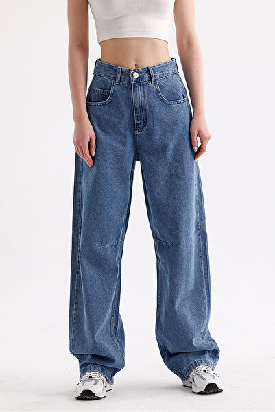 VOSSAX Women's High Waist Buckle Detailed Loose Fitting Wide Leg Casual Baggy Jean Blue Jeans Loose Pants