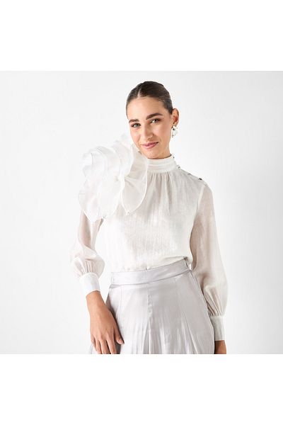 Iconic Floral Applique Top With High Neck And Long Sleeves