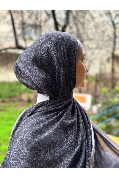 shalby Hijab Paisley Patterned Cotton Shawl Grey-Black