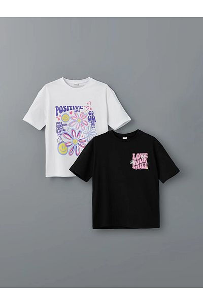 LC Waikiki Tricou pentru fetiță cu gât alb pentru copii LCW, pachet de 2