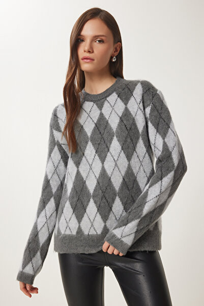 Lovelyİstanbul Pulover din tricot moale cu model GREY Argyle - LYY0085