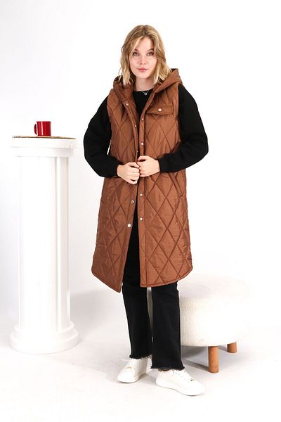 sehatex Women's Long Quilted Puffer Vest with Snap Detail