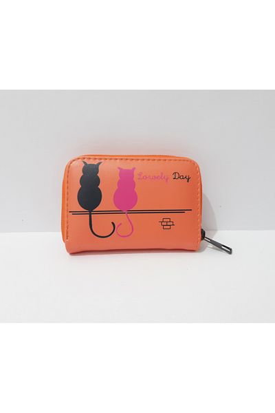 renkli çiçekler Women's Wallet 12.5X8.5 cm Orange Color Cat Pattern Women's Wallet