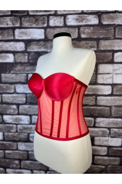 Metay Design Red Tulle Sheer Bodice and Bustier - Classic Neckline