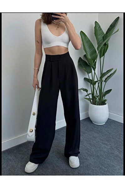 Zenistra بنطال بالازو نسائي أسود فضفاض بأرجل واسعة من الليكرا بخصر قابل للتعد...