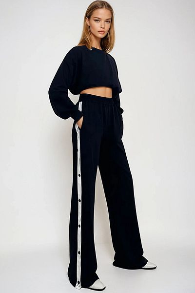 VAGGON Women's Navy Blue Wide Leg Pants with Double Pockets and Elastic Sides Stripe Prmx12713
