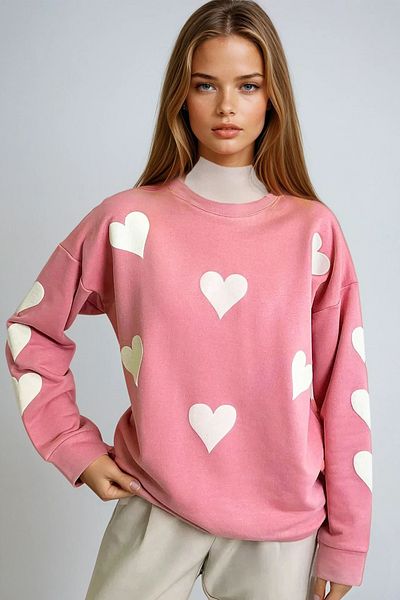 VAGGON Γυναικείο φούτερ με στάμπα ροζ καρδιάς Oversize - Crew Neck, 2 Thread Prmx13314