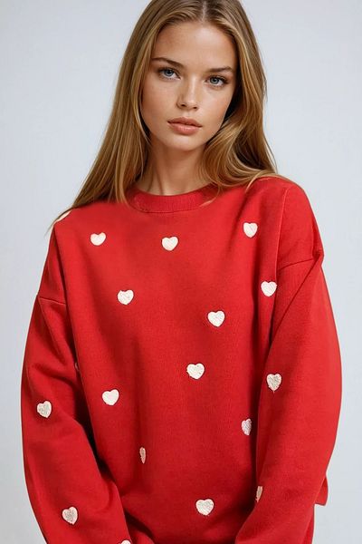 VAGGON Women's Red Crew Neck Heart Embroidered Winter Thick Knitwear Sweater Prmx13230
