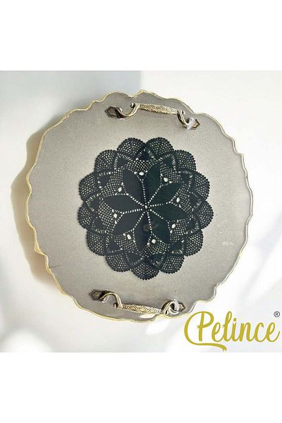 Home Epoxy Resin Lace Tray - Black Lace Gold Leaf - Diameter: 30 cm