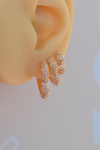 Sacce Scarves&Accessories Kalp Model Taşlı Halka Kalpli Küpe Seti 3 Parça