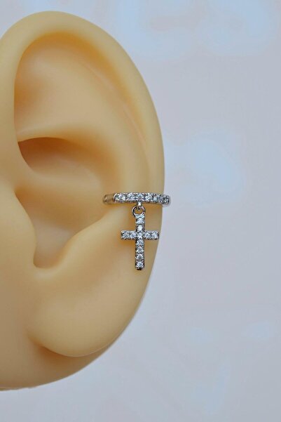 Sacce Scarves&Accessories Zirkon Taşlı Cross Sallantılı Earcuff Sıkıştırmalı Kıkırdak Küpesi