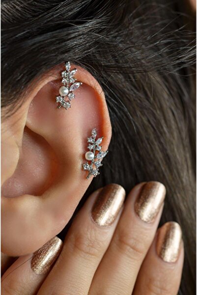 Sacce Scarves&Accessories İncili Yaprak Kıkırdak Küpesi Gümüş Renk