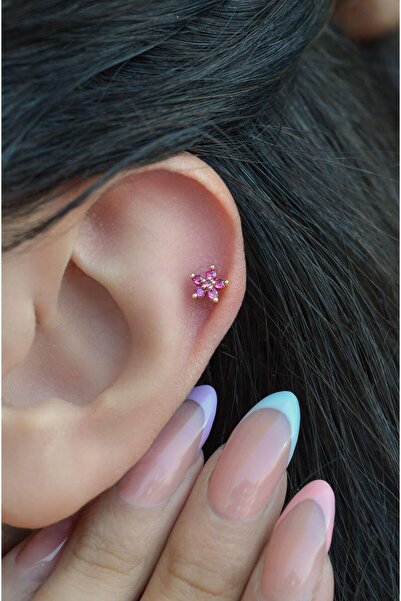 Sacce Scarves&Accessories Fuşya Pembesi Çiçekli Tragus Piercingi Helix Kıkırdak Lobe Conch