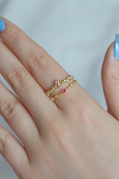 Sacce Scarves&Accessories Gold Renk Ayarlanabilir İki Sıralı İnce Yüzük Prenses Taç Yüzük