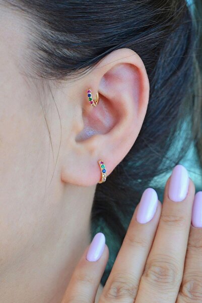 Sacce Scarves&Accessories Gold 8 mm Taşlı Multicolor Çok Renkli Helix Piercing Tragus Kıkırdak Lob