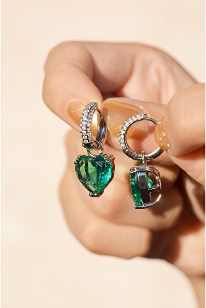 Sacce Scarves&Accessories Yeşil Zirkon Kalp Sallantılı Küpe