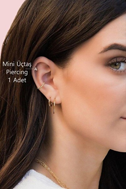 Sacce Scarves&Accessories Gold Renkli Mini Üçtaşlı Zirkon Piercing Helix Kıkırdak Lob Conch