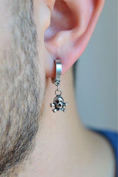 Sacce Scarves&Accessories Men's Silver Colored Skull Figured Steel Hoop Earrings