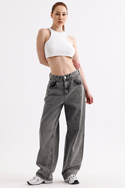 VOSSAX Women's High Waist Buckle Detailed Loose Fitting Wide Leg Casual Baggy Jean Blue Jeans Loose Pants