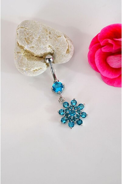 Sacce Scarves&Accessories Çiçek Model Mavi Taşlı Çelik Göbek Piercing