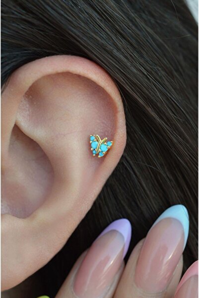 Sacce Scarves&Accessories Gold Renkli Mavi Kelebekli Helix Piercing Kıkırdak Lob