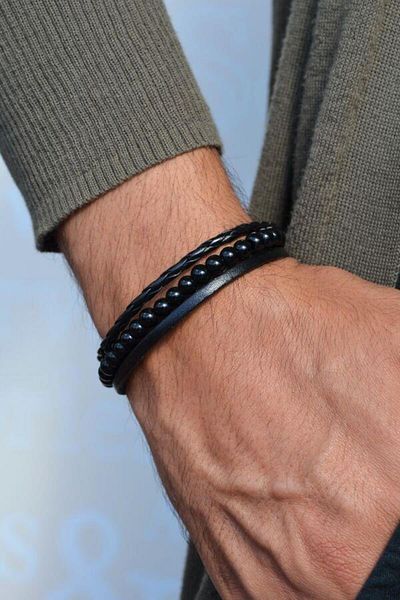 Sacce Scarves&Accessories Natural Stone Leather Multiple Rows Men's Leather Bracelet Black