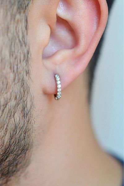 Sacce Scarves&Accessories Men's Silver Colored Zircon Stone Steel Hoop Earrings