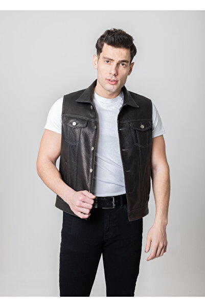 By Motto Erkek Siyah Jumbo Motorcu Hakiki Deri Yelek Mustang