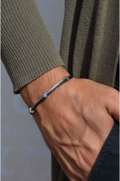 Sacce Scarves&Accessories Thin Straw Weave Steel Men's Bracelet Black and Silver Color