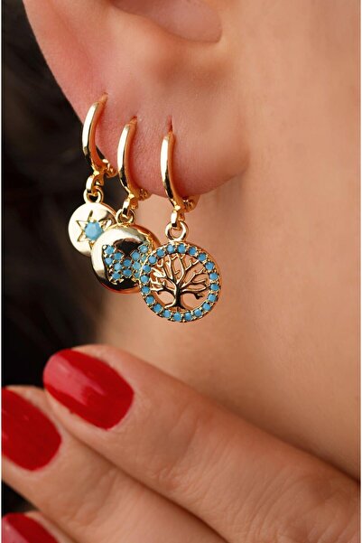 Sacce Scarves&Accessories Mavi Firuze Taşlı Hayat Ağacı Figürlü 3'lü Küpe Seti