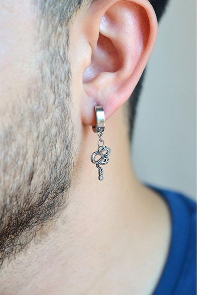 Sacce Scarves&Accessories Men's Silver Colored Snake Steel Hoop Earrings