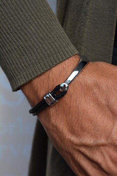 Sacce Scarves&Accessories سوار رجالي بتصميم خاص من الجلد والفولاذ باللونين ال...