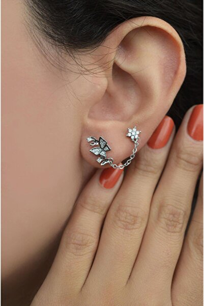 Sacce Scarves&Accessories Gümüş Renk Zincirli Kelebek Çiçek Ikili Piercing He...